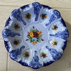 Vintage Made in Portugal Ruffled Shallow Bowl, Blue Floral